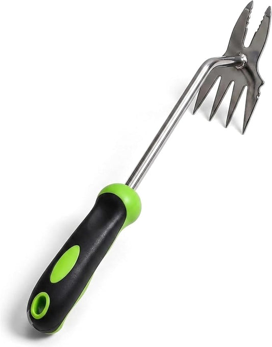 2-in-1 Stainless Steel Hand Weeder, Ergonomic Gardening Tool for Creeping Weeds & Narrow Spaces, Rust-Proof with Four-Tooth Cultivator & Forked Tip (Green)