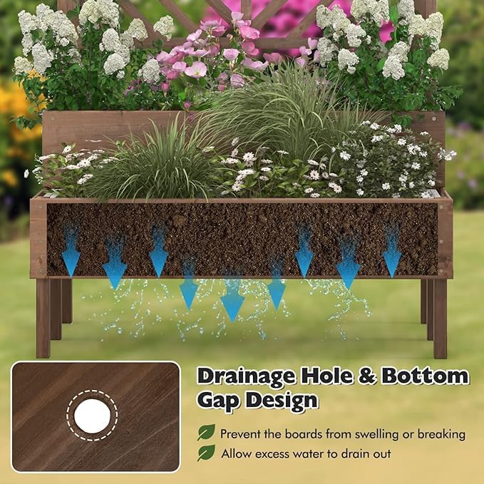 Nightcore Outdoor Elevated Garden Bed with Trellis，Raised Garden Bed with Legs & Drain Holes，2-Tier Wooden Planter Box for Vegetable Fruit Herb