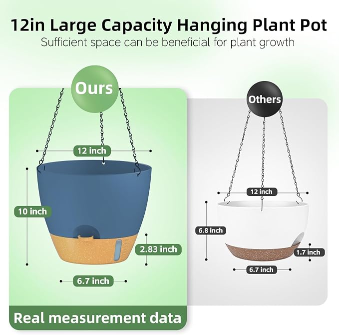 ZMTECH 12 Inch Large Self Watering Hanging Planters for Indoor Outdoor Plants - Water Level Indicator & Removable 60 Oz Reservoir, 1 Pack Plastic Hanging Basket for Window Porch Garden Balcony, Blue