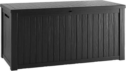 Outdoor Storage Box, 180 Gallon Waterproof Deck Box, Piston-Lift Tall Standing Cabinet for Oversized Cushions, Lockable Deep Tool Organizer Storage Bench, Large Lawn, Black