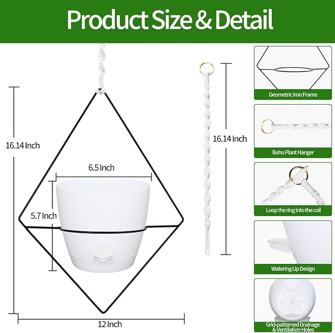 Koalaime Hanging Planters for Indoor Plants, 2 Set Self Watering Hanging Flower Pots, Modern Hanging Plant Baskets with Metal Plant Holder & 6.5 Inch Plastic Pots for Garden Home Decor (White)