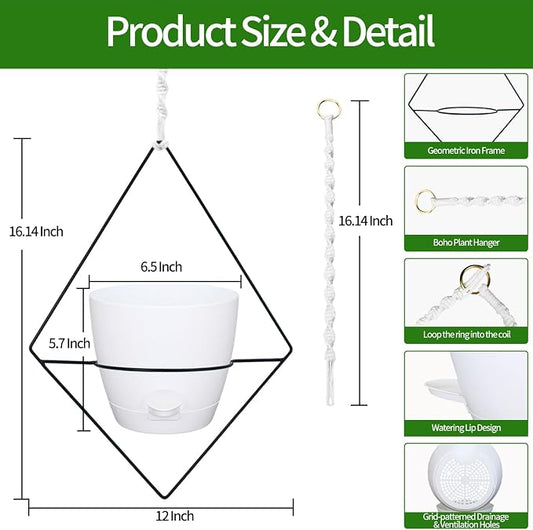 Koalaime Hanging Planters for Indoor Plants, 2 Set Self Watering Hanging Flower Pots, Modern Hanging Plant Baskets with Metal Plant Holder & 6.5 Inch Plastic Pots for Garden Home Decor (White)