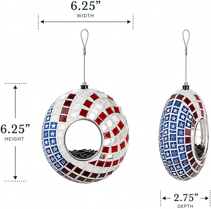 Backyard Expressions Hanging Glass Bird Feeder - Patriotic - Fly Through Bird Feeders for Outside, Mosaic Bird Feeder, Round Shape Wild Birdfeeder