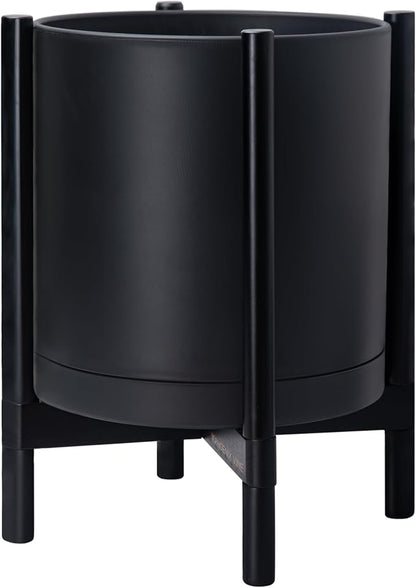 D'vine Dev Plastic Pot with Ebony Wood Stand, Black, 16 in, 55-C-Z-2 | Mid-Century Inspired Design, Elevated Plant Display, Clean Lines, Sturdy Support, Modern Space-Saving Style