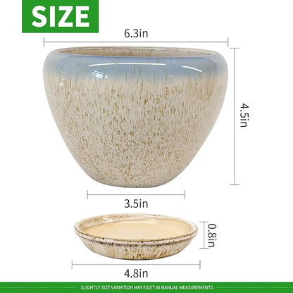 Deep Dream 6 Inch Plant Pots- Ceramic Planter Pot with Drainage Hole and Saucer, Round Flower Pot for Indoor Outdoor Succulent, Snake Plants and Cactus, Beige&Blue