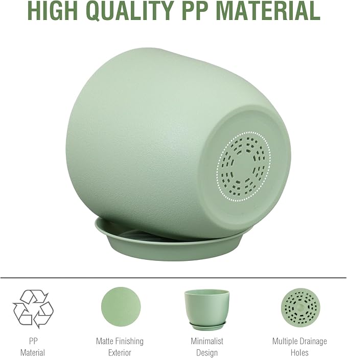Meowell 12 inch Big Plant Pots, Plastic Planters with Drainage Holes and Trays, Flower Pots for Indoor Outdoor Plants, Modern Decorative Pots for Garden House Plants, Green