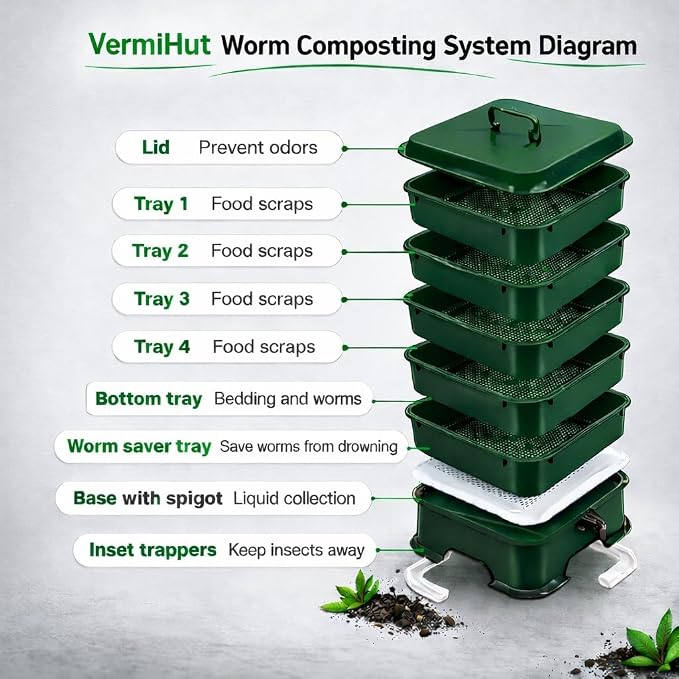 ® Plus US Made 5 – Tray Worm Composter -Forest Green,Sustainable Design for Both Indoor & Outdoor, Worm Compost Bin for Vermicomposting Starter, Recycling Food Wastes