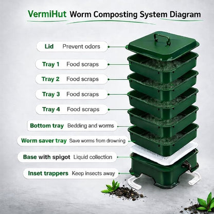 ® Plus US Made 5 – Tray Worm Composter -Forest Green,Sustainable Design for Both Indoor & Outdoor, Worm Compost Bin for Vermicomposting Starter, Recycling Food Wastes