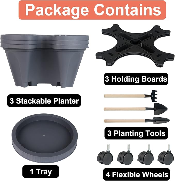 GameXcel Vertical Planter Tower - 3 Tier Stackable Garden Planters with Wheels and Tools Plant Pots for Strawberry Herb Flower and Vegetable Indoor Outdoor Use Dark Gray