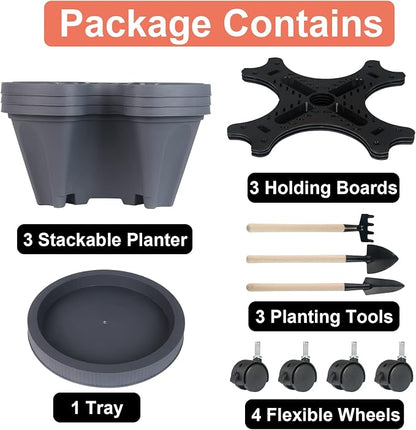 GameXcel Vertical Planter Tower - 3 Tier Stackable Garden Planters with Wheels and Tools Plant Pots for Strawberry Herb Flower and Vegetable Indoor Outdoor Use Dark Gray