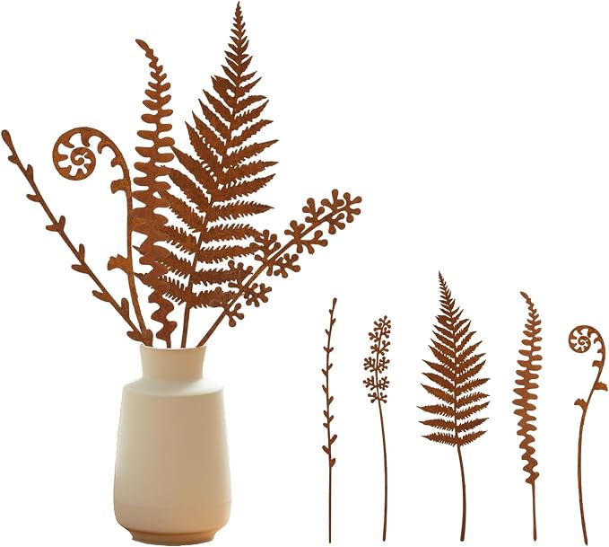 Metal Flowers for Outside, Garden Stakes Decorative, Decorative Plant Stakes with Easy Install Rusted Iron Floral Stakes for Patio, Yard, Outdoor Decor(Fern)