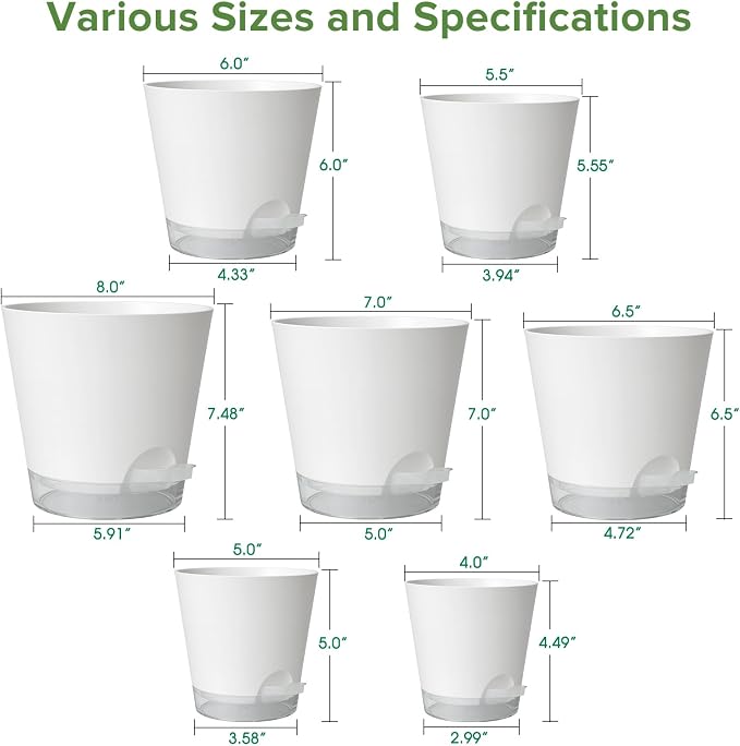 GARDIFE 2026 Upgraded Self Watering Plant Pots with Drainage Hole, 8/7/6.5/6/5.5/5/4 Inch Flower Planting Containers for House Plants, African Violet, Flowers, Cactus (White, 8+7+6.5+6+5.5+5+4 inch)