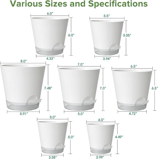 GARDIFE 2026 Upgraded Self Watering Plant Pots with Drainage Hole, 8/7/6.5/6/5.5/5/4 Inch Flower Planting Containers for House Plants, African Violet, Flowers, Cactus (White, 8+7+6.5+6+5.5+5+4 inch)