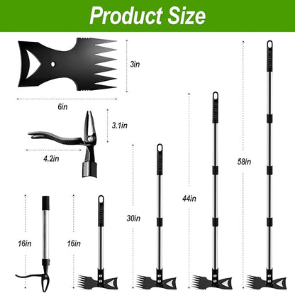 Stand Up Weed Puller Tool with 58" Adjustable Long Handle, 2 in 1 Heavy Duty Manual Weeder & Garden Hoe, 4-Claw Steel Head Weed Remover with Gloves for Yard Lawn Patio Flower Bed