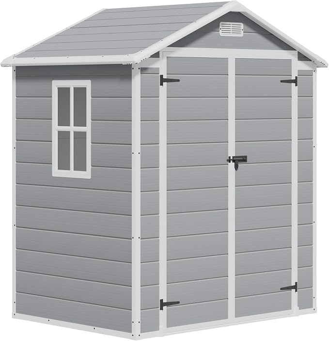 Greesum 6x4FT Plastic Outdoor Storage Shed, Resin Shed with Floor and Window, Tool Sheds with Lockable Door and Vent, for Garden, Garage, Backyard, Lawn, Light Gray