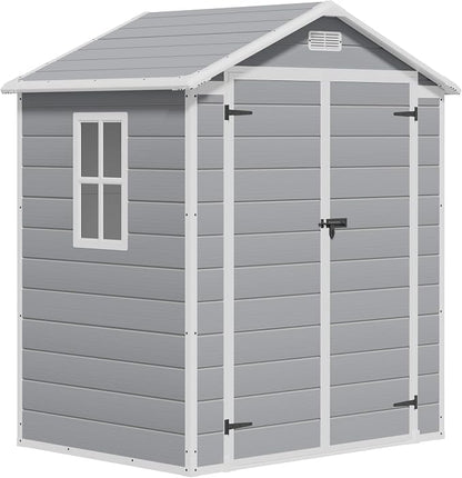 Greesum 6x4FT Plastic Outdoor Storage Shed, Resin Shed with Floor and Window, Tool Sheds with Lockable Door and Vent, for Garden, Garage, Backyard, Lawn, Light Gray