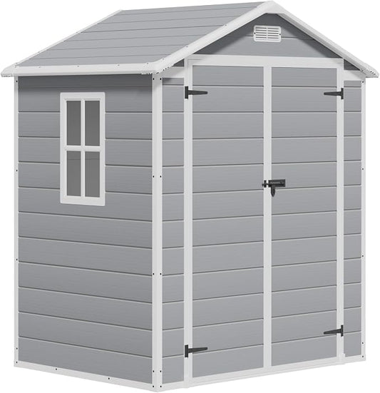 Greesum 6x4FT Plastic Outdoor Storage Shed, Resin Shed with Floor and Window, Tool Sheds with Lockable Door and Vent, for Garden, Garage, Backyard, Lawn, Light Gray