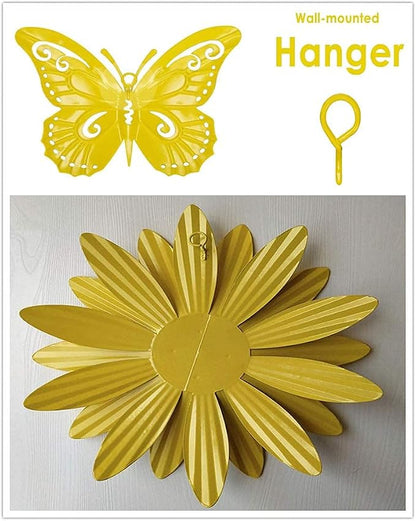 Meduofon Metal Flowers Wall Decor and Butterfly Wall Art, 3 Pack Metal Outdoor Wall Art Decor, Fence Art Wall Sculptures for Indoor Outside Garden Patio Decorations (Yellow&Green)