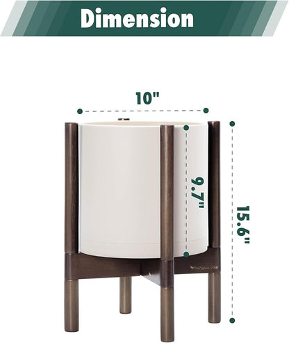 D'vine Dev Plastic Pot with Walnut Wood Stand, Oatmeal, 10 in, 55-C-L-4 | Mid-Century Inspired Design, Elevated Plant Display, Clean Lines, Sturdy Support, Modern Space-Saving Style