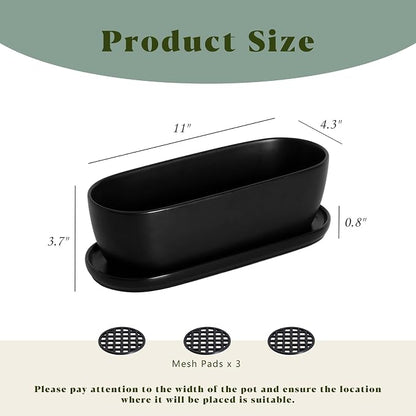 E-liu Oval Ceramic Planter Pot with Drainage Hole Saucers 11 Inch Succulents Planter Home Decor for Indoor Outdoor Plants Herb Cactus with 3 Mesh Pads, Plants Not Included, Black