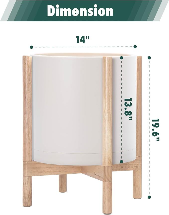 D'vine Dev Plastic Pot with Natural Wood Stand, Oatmeal, 14 in, 55-C-S-4 | Mid-Century Inspired Design, Elevated Plant Display, Clean Lines, Sturdy Support, Modern Space-Saving Style
