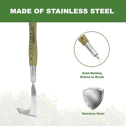 Haliaeetus Crack Weeder Tool, 17'' L-Shaped Stainless Steel Crevice Weeding Tool, Comfortable Wooden Handle Paver Weeder, Sidewalk Weed Removal Tool for Driveway, Bricked Patio and Terrace Paving Moss