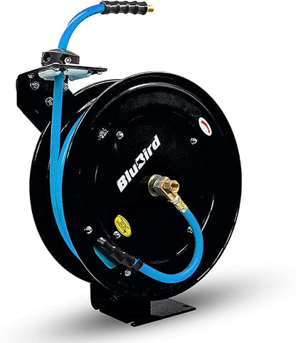 BLUBIRD BBR3825 20ga. Retractable Hose Reel with 3/8" x 25' Air Hose, 12 Point Ratcheting Gear, Next-Gen Rubber, Lightest, Strongest, Most Flexible, 300 PSI, -50F to 190F Degrees, Polyester Braided