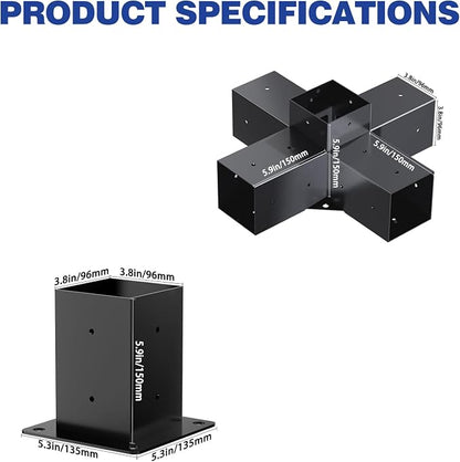 Pergola Kit - 5-Way Right Angle Corner Bracket Woodworks DIY Post Base Kit for Gazebos, Patio, Log Cabin Outdoor Hardware - Wooden Beams for 4x4 Lumber