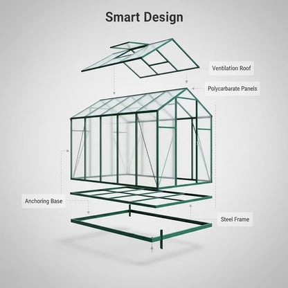 6x10 FT Greenhouse, Walk-in Heavy Duty Polycarbonate Outdoor Greenhouses with Raised Base & Anchor, Height-Enhanced Aluminum Frame, & Drainage System for Backyard All Season Growing, Green