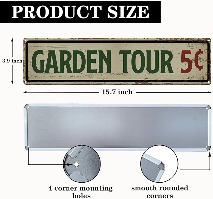 Garden Metal Tin Sign, Vintage Farmhouse Decor, Garden Tour 5 Cents Sign, Gardening Wall Art, for Yard Fence Door Porch, Funny Indoor Outdoor Decoration, 15.7 x 3.9 Inches