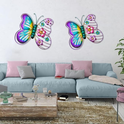 Metal Flower Butterfly Wall Decor Outdoor Indoor Wall Art Sculpture 13" Hanging Waterproof Garden Decorations Home Decorative Ornaments for Yard Fence Patio Balcony Bedroom Living Room Gift