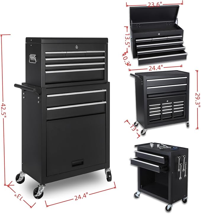 Tool Chest, 8-Drawers Rolling Tool Storage Cabinet with 2-in-1 Detachable Tool Box, Side Hooks, Liner, Lockable Wheels, Multifunctional Metal Tool Cart for Garage Warehouse, Black