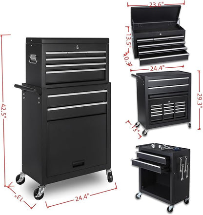 Tool Chest, 8-Drawers Rolling Tool Storage Cabinet with 2-in-1 Detachable Tool Box, Side Hooks, Liner, Lockable Wheels, Multifunctional Metal Tool Cart for Garage Warehouse, Black