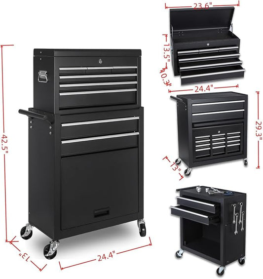 Tool Chest, 8-Drawers Rolling Tool Storage Cabinet with 2-in-1 Detachable Tool Box, Side Hooks, Liner, Lockable Wheels, Multifunctional Metal Tool Cart for Garage Warehouse, Black
