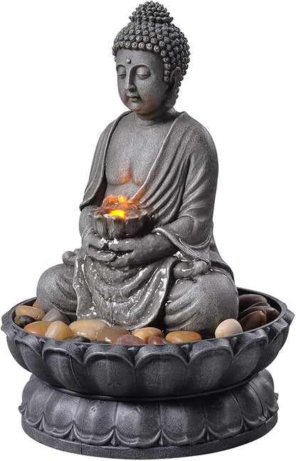 GOSSI 11.2 Inch Tall Indoor Tabletop Buddha Fountain with Reflective Lighting and Cobblestone Base, Zen Desk Water Fountain for Office and Home Decor