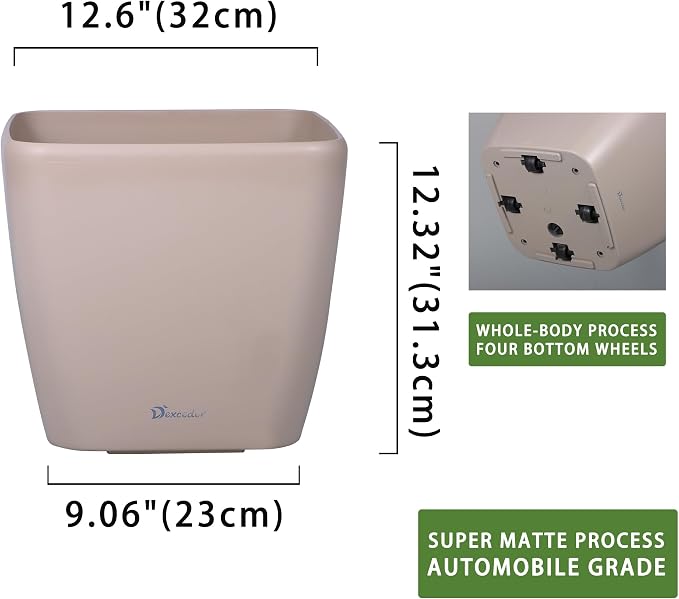 Dexceder 13x12 Self Watering Planter with Wheels (Taupe Matte) | Inner Mat Design, Thickened Large Floor Standing Flower Plant Pot with Water Level Indicator Indoor Outdoor