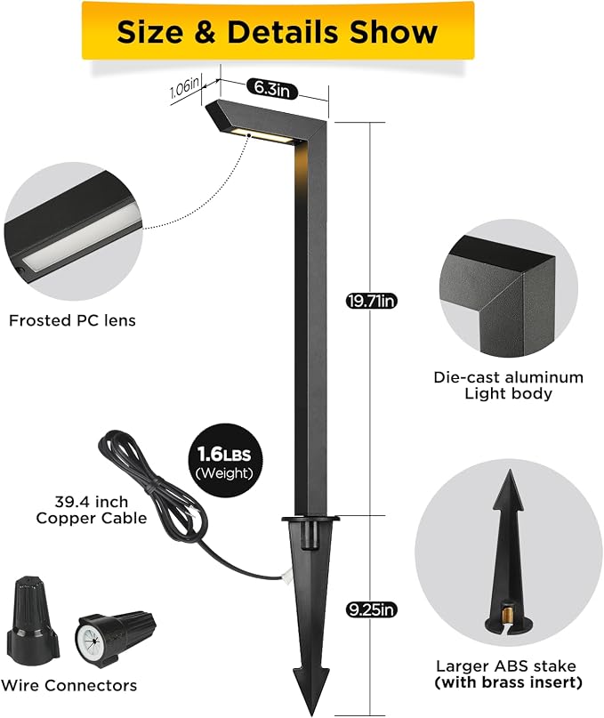 Gardencoin 3CCT LED Low Voltage Landscape Pathway Light, 12V Premium 3000K/4000K/5000K Selectable Path Lights Wired, Modern Walkway Lights Outdoor, Higher Housing with Larger Stake (19.71IN, 12pack)