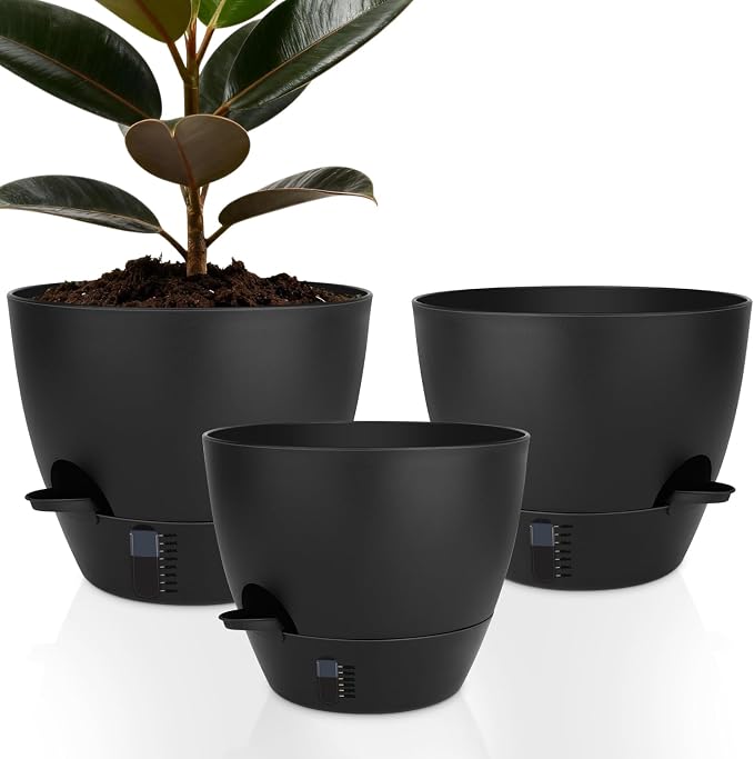 QRRICA 12/10/9 Inch Self-Watering Plant Pots with Water Level Indicator, Drainage Holes & Saucers – Large Plastic Planter Set for Indoor & Outdoor Plants (Pure Black)