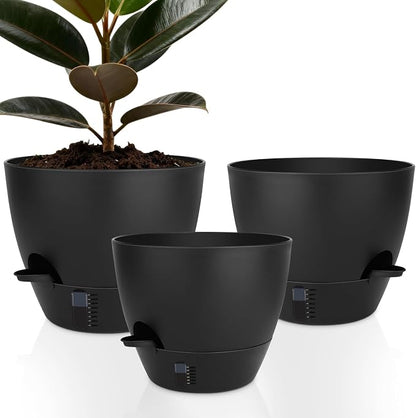 QRRICA 12/10/9 Inch Self-Watering Plant Pots with Water Level Indicator, Drainage Holes & Saucers – Large Plastic Planter Set for Indoor & Outdoor Plants (Pure Black)