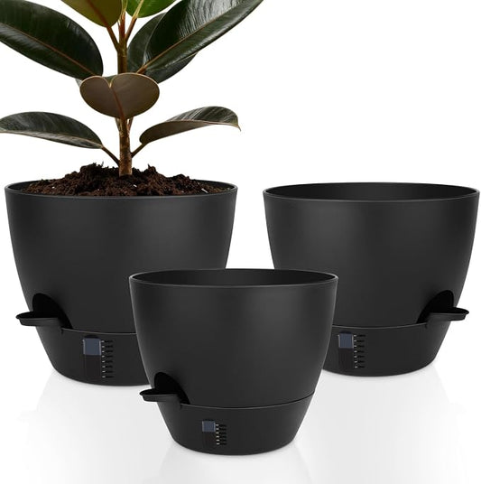 QRRICA 12/10/9 Inch Self-Watering Plant Pots with Water Level Indicator, Drainage Holes & Saucers – Large Plastic Planter Set for Indoor & Outdoor Plants (Pure Black)