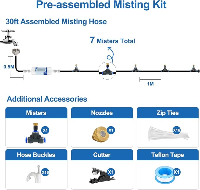 POCKET PANDA Pre-Assembled Misters for Outside Patio,Outdoor Misting Cooling System w Filter,30FT|9M.Backyard Mist Kit for Garden,Greenhouse,Deck,Umbrella,Canopy,Pool,Porch,Trampoline,ParkBBQ Party