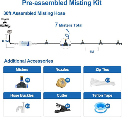 POCKET PANDA Pre-Assembled Misters for Outside Patio,Outdoor Misting Cooling System w Filter,30FT|9M.Backyard Mist Kit for Garden,Greenhouse,Deck,Umbrella,Canopy,Pool,Porch,Trampoline,ParkBBQ Party