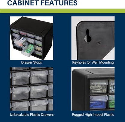 Akro-Mils 16-Drawer Plastic Drawer Storage Cabinet for Garage Organization, Beads, Makeup Organizer, Building Bricks Storage, Teacher Toolbox, 10-1/2" W x 6-1/2" D x 8-1/2" H, 10116 Black (Pack of 2)