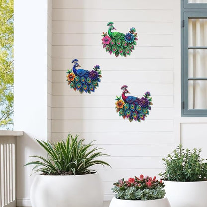 dreamskip 3 Piece Metal Peacock Wall Decor, Iron Tropical Peacocks Wall Art, Outdoor Metal Birds Garden Wall Decors Sculptures for Patio Fence Living Room Housewarming Gifts