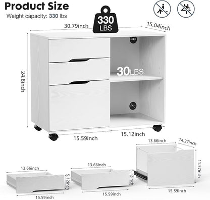 DUMOS File Cabinet with 3 Drawers, Wood Under Desk Storage Printer Stand | Rolling Lateral Filing Cabinet with Adjustable Shelves for Home Office Study Organizatiom, Classic White