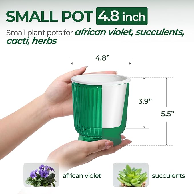 T4U 4.8 Inch Self Watering Plant Pot, 4 Pack Self Watering Pots, Self Watering Planter with Reservoir, Small Self Watering Pots for Indoor Plants, African Violets (4 Pack, 4.8", Translucent Green)