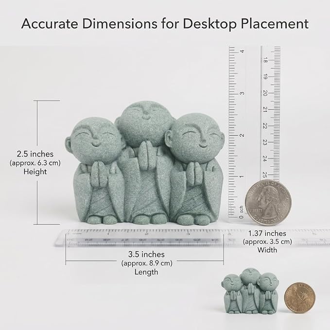 Triple Jizo Monk Statue, Sandstone Figurine for Zen Aquarium Decor | Triple Jizo monk sandstone figurine with connected design for aquarium decor, bonsai displays, and minimalist zen spaces