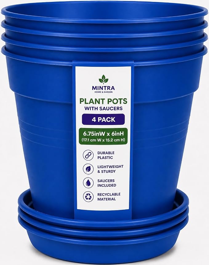 Mintra Garden Pots, 4 Pack Bulk Plastic Plant Pots with Drainage Tray, Round Indoor & Outdoor Decorative Planters with Drain Holes for Flowers, Herbs & Plants, 17cm Diameter – Blue, 6.6 in