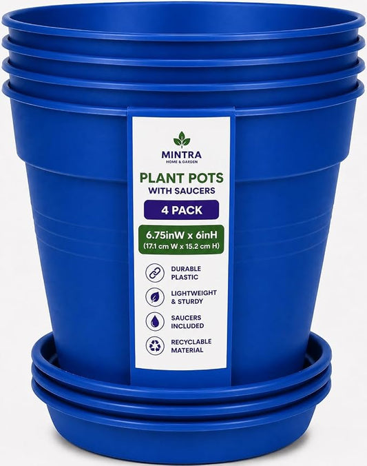 Mintra Garden Pots, 4 Pack Bulk Plastic Plant Pots with Drainage Tray, Round Indoor & Outdoor Decorative Planters with Drain Holes for Flowers, Herbs & Plants, 17cm Diameter – Blue, 6.6 in
