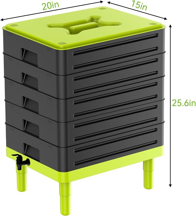 5-Tray Worm Composter,100L WormCompost Bin for Vermicomposting Starter, Indoor & Outdoor Worms Farm Composting Bin, Worm Compost Bin for Recycling Food Waste (Black)